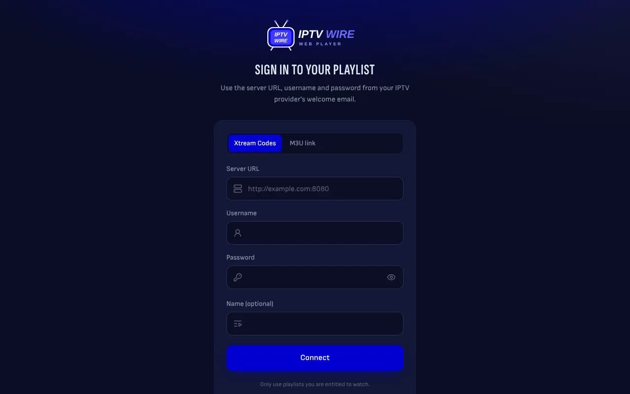 IPTV Wire free IPTV player sign-in screen with Xtream Codes and M3U link options