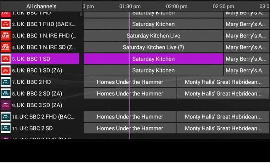 EPG Electronic Program Guide displayed on an IPTV screen showing live TV schedule
