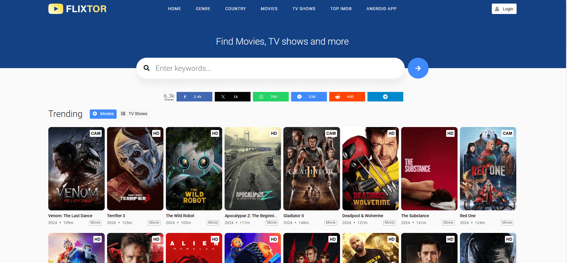 Flixtor free streaming site interface showing movies and TV shows