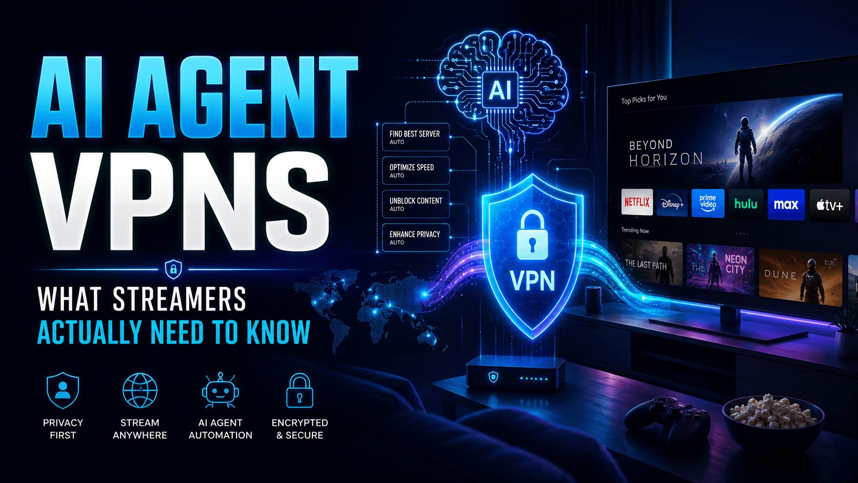 AI VPN for streaming diagram showing multi-tunnel routing on a Firestick and Android TV box