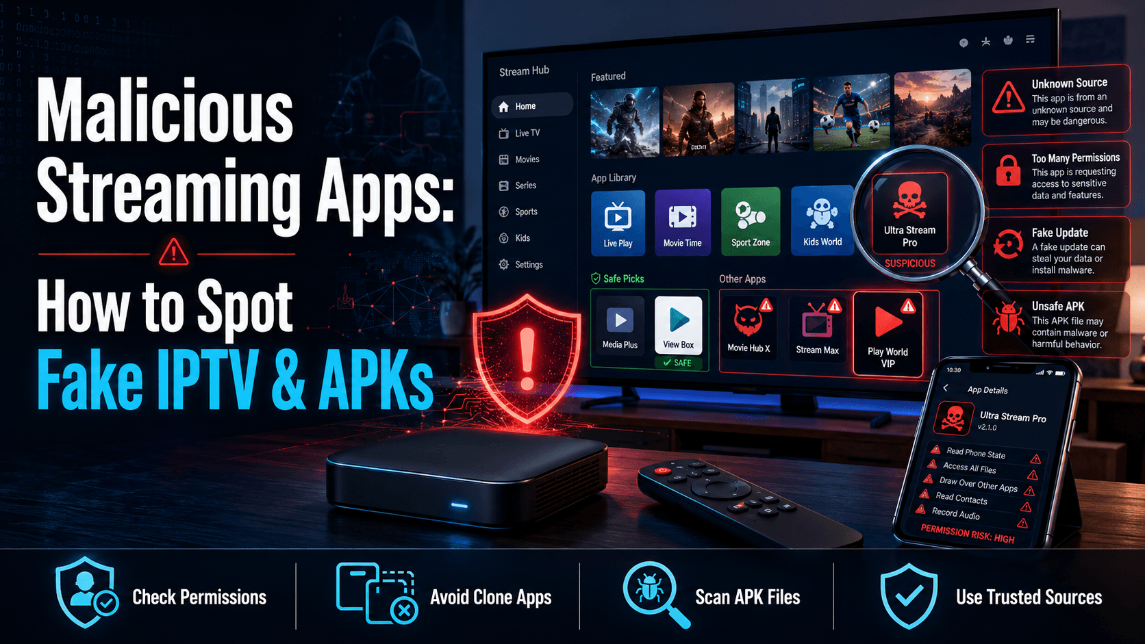 Warning screen highlighting malicious IPTV apps and fake APKs on a streaming device