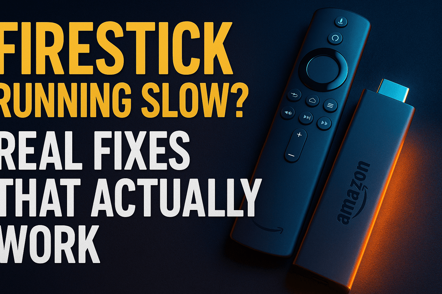 Firestick running slow fix — Amazon Fire TV Stick connected to a TV showing a buffering screen