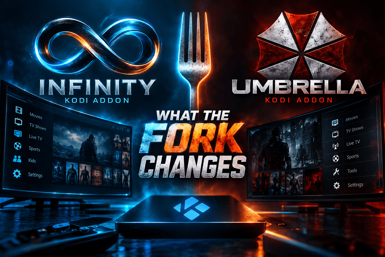 Infinity vs Umbrella Kodi addon menus side by side on a Fire TV Stick 4K Max