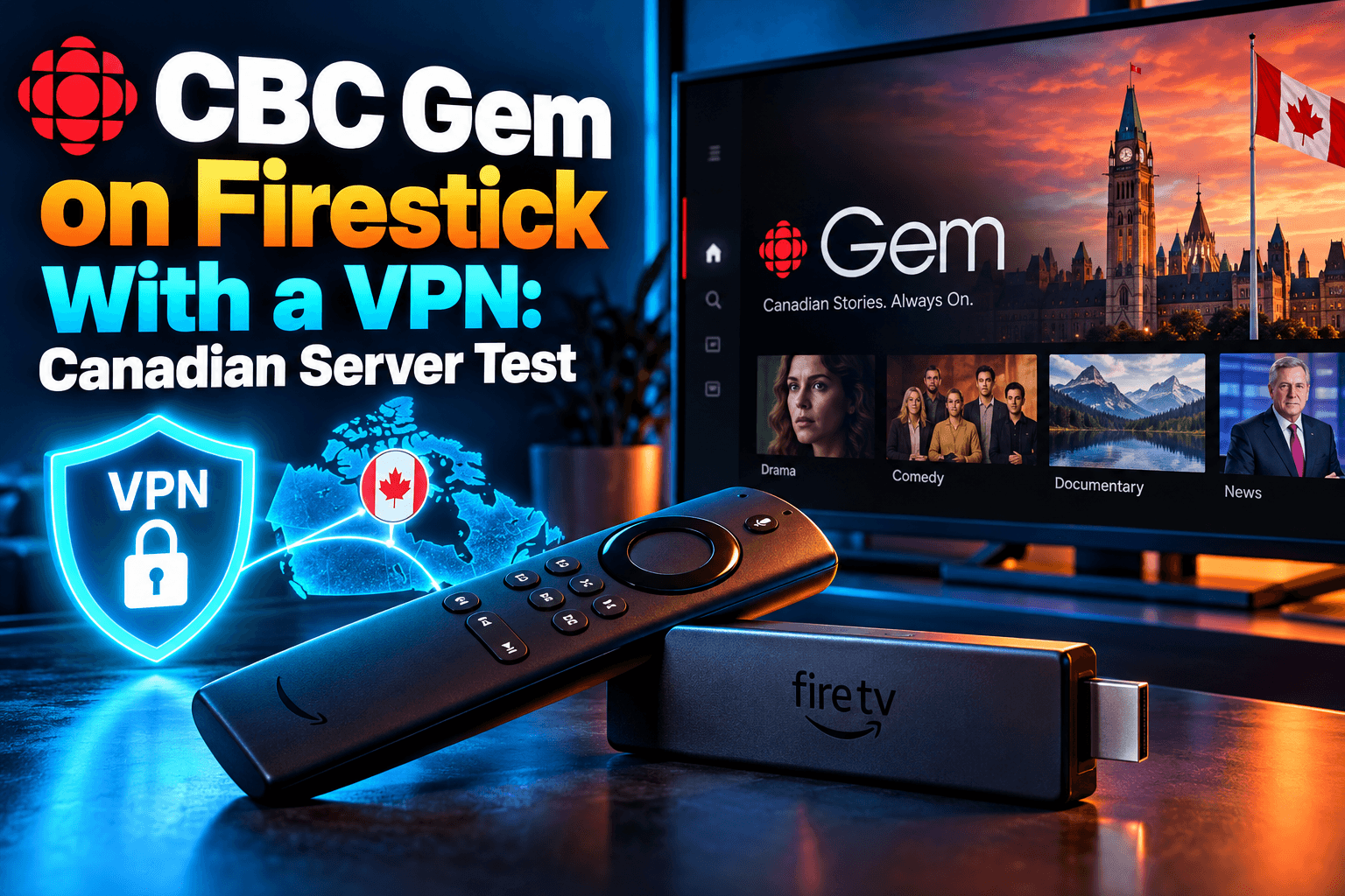 CBC Gem on Firestick with VPN connected to a Toronto server on a Fire TV Stick 4K Max