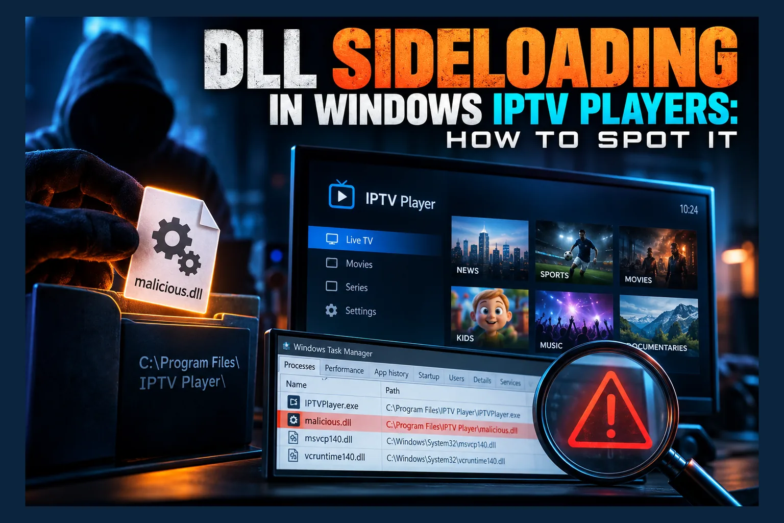 IPTV player DLL sideloading: a rogue DLL file beside a Windows player .exe in a folder