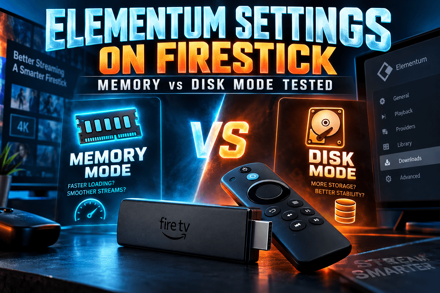 Elementum settings Firestick screen comparing memory mode and disk mode on a Fire TV Stick