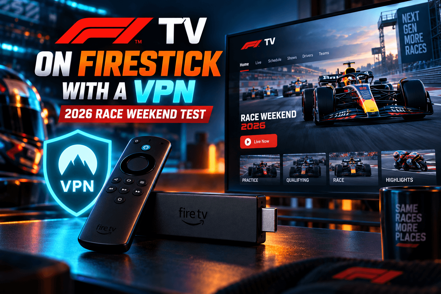 F1 TV VPN Firestick setup streaming a live race session on a Fire TV Stick 4K Max