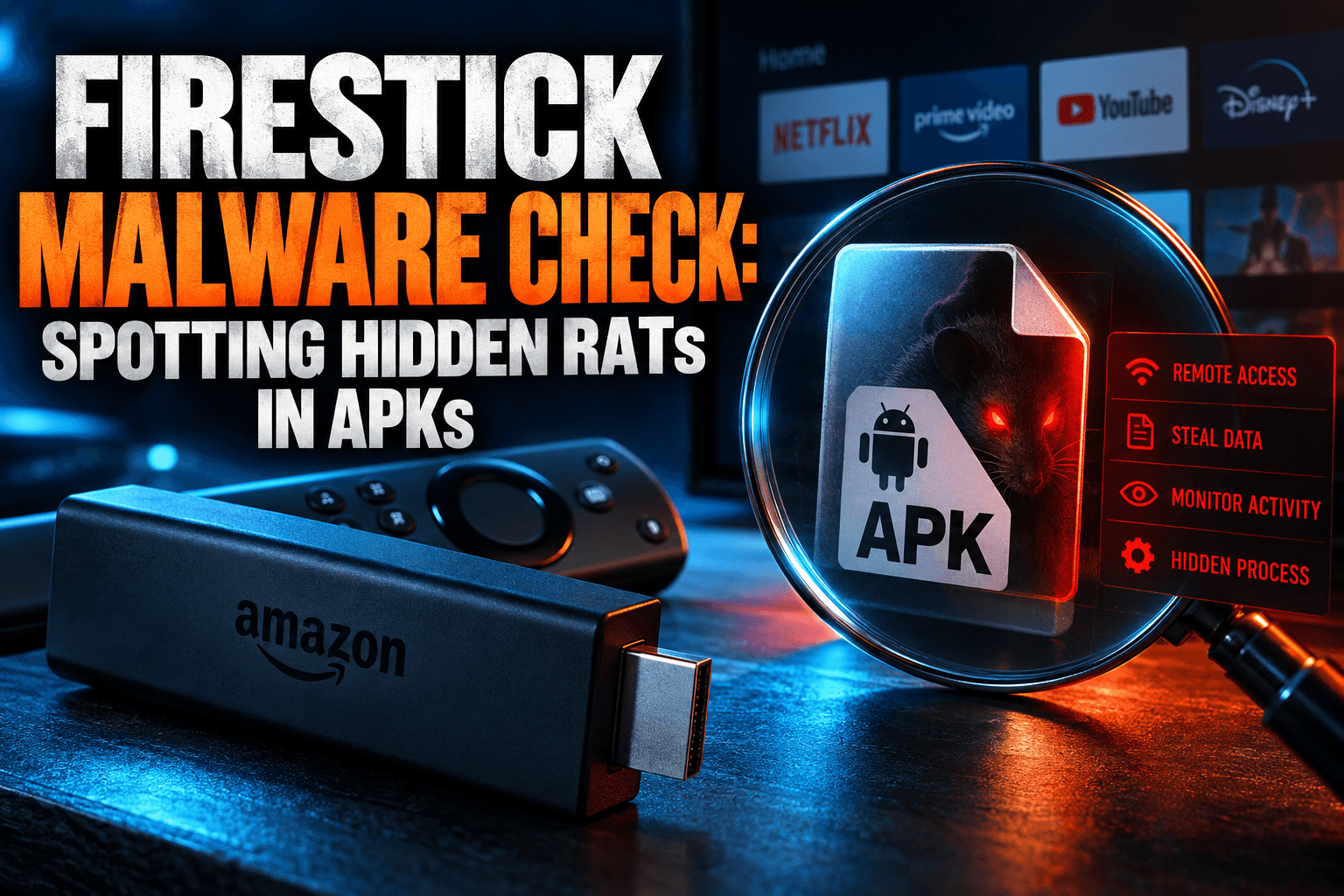 Fire TV Stick and remote with a security scan overlay showing how to check Firestick for malware
