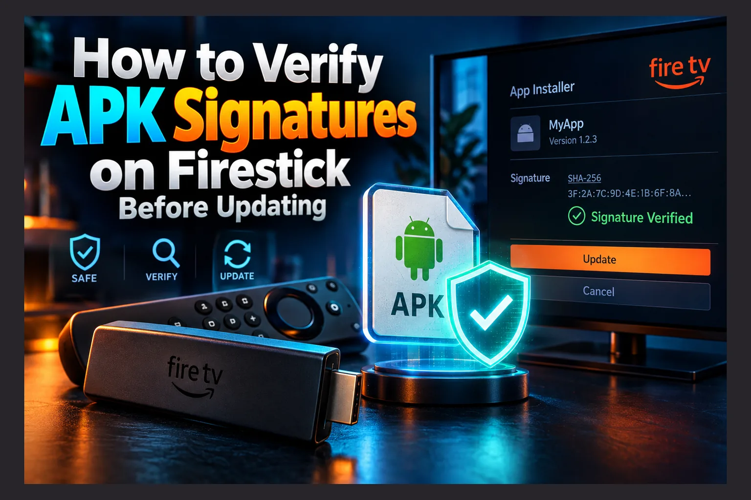 Fire TV screen comparing SHA-256 fingerprints to verify APK signature on Firestick