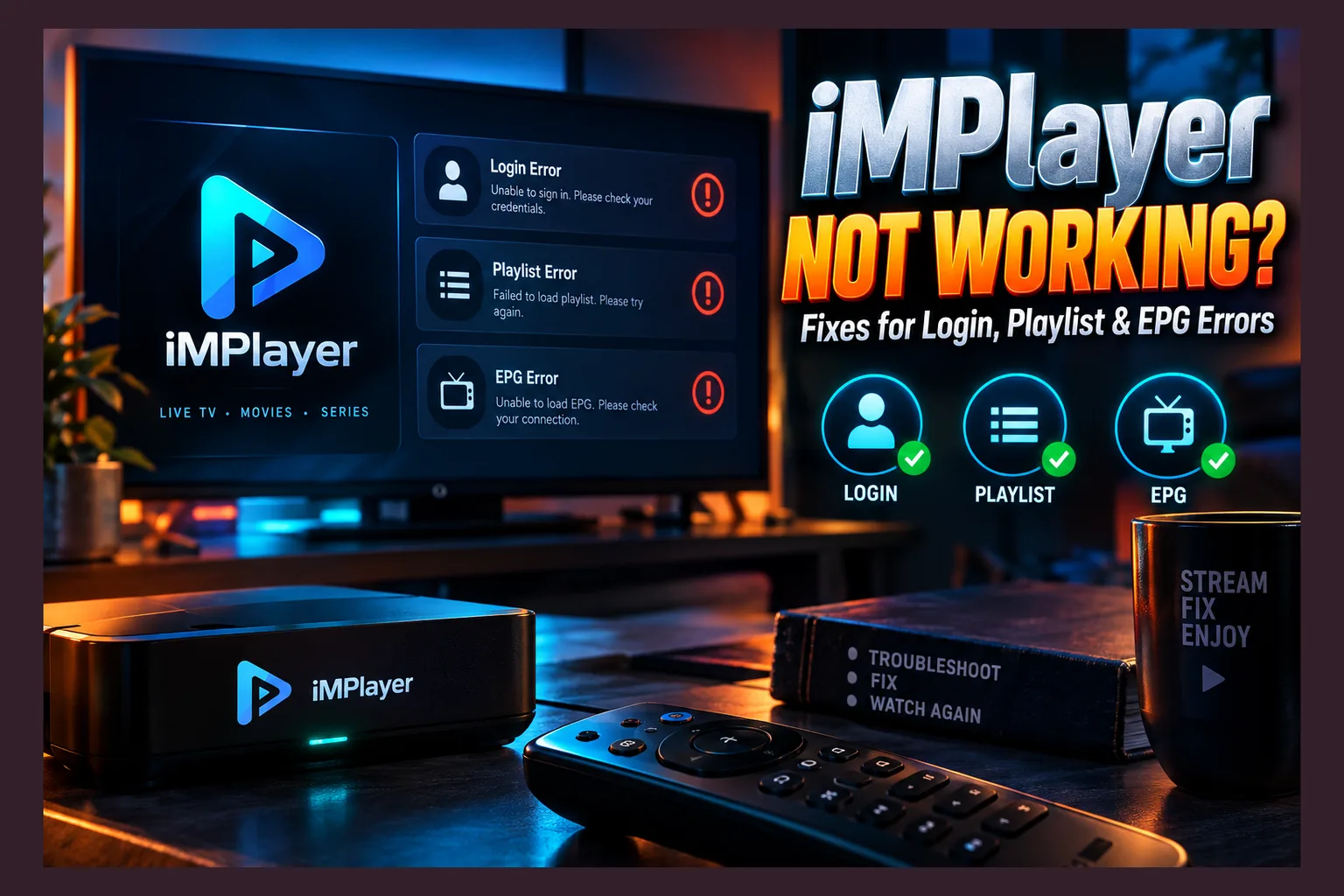iMPlayer not working on a TV screen showing an IPTV login error and blank EPG guide