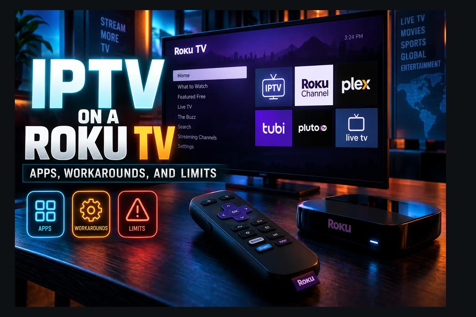 IPTV on Roku TV setup with an M3U player channel open on a Roku TV home screen