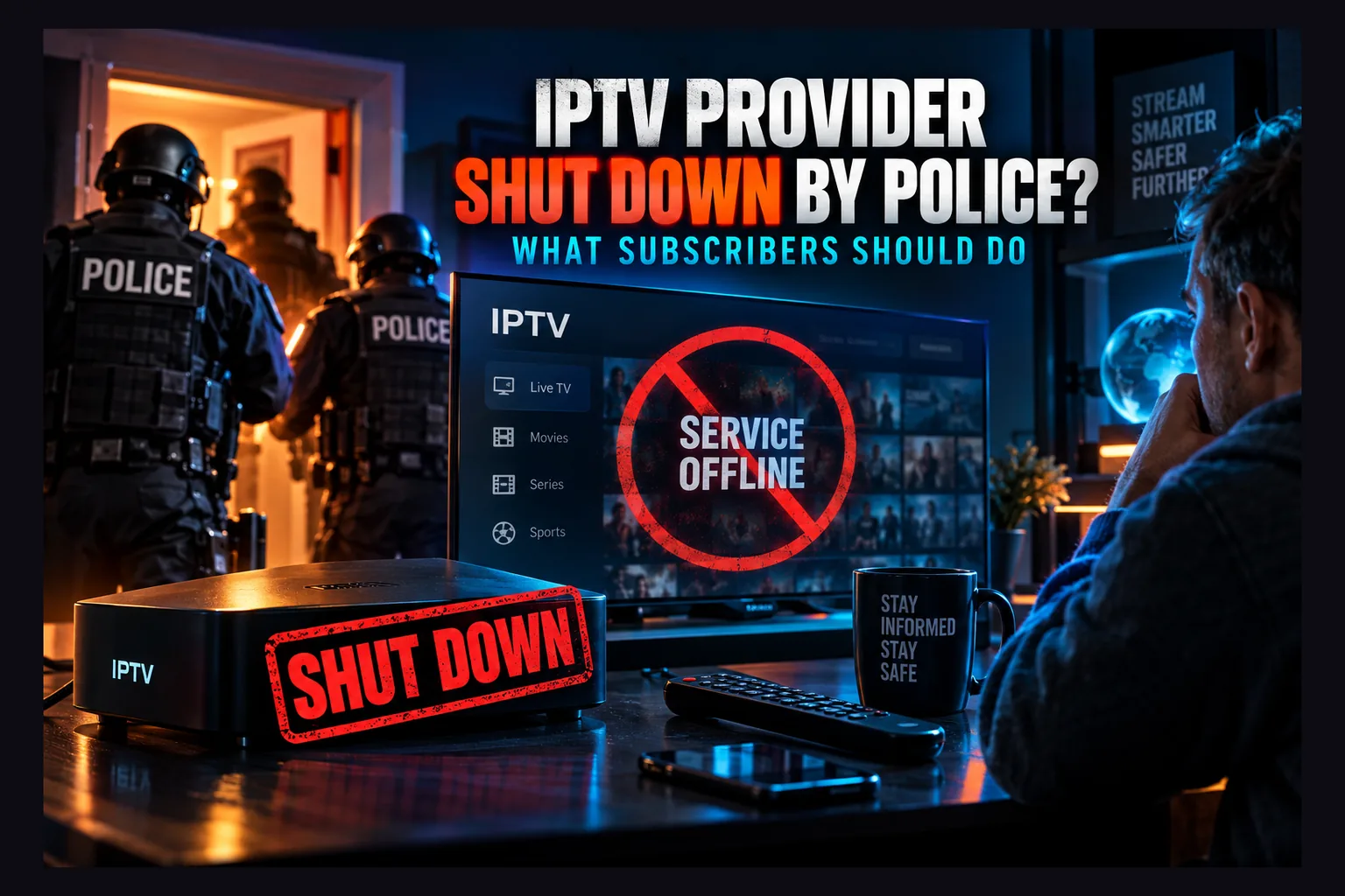 IPTV provider shut down by police, with a seizure banner displayed on a streaming TV screen