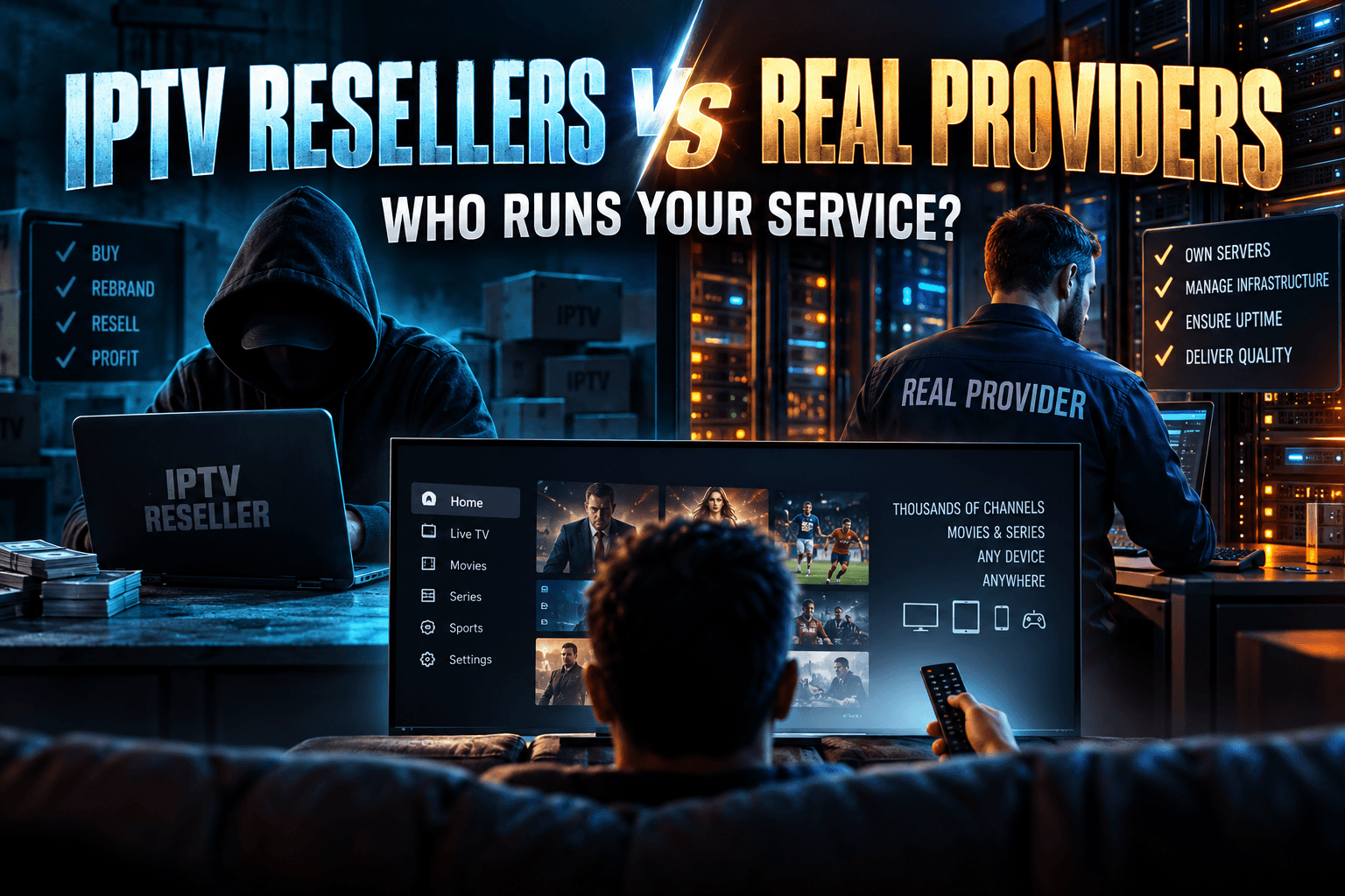 IPTV reseller vs provider diagram showing several brands sharing one server backend