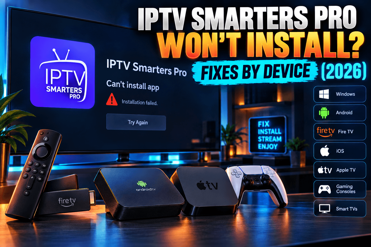 IPTV Smarters Pro not installing error shown on a Fire TV Stick home screen