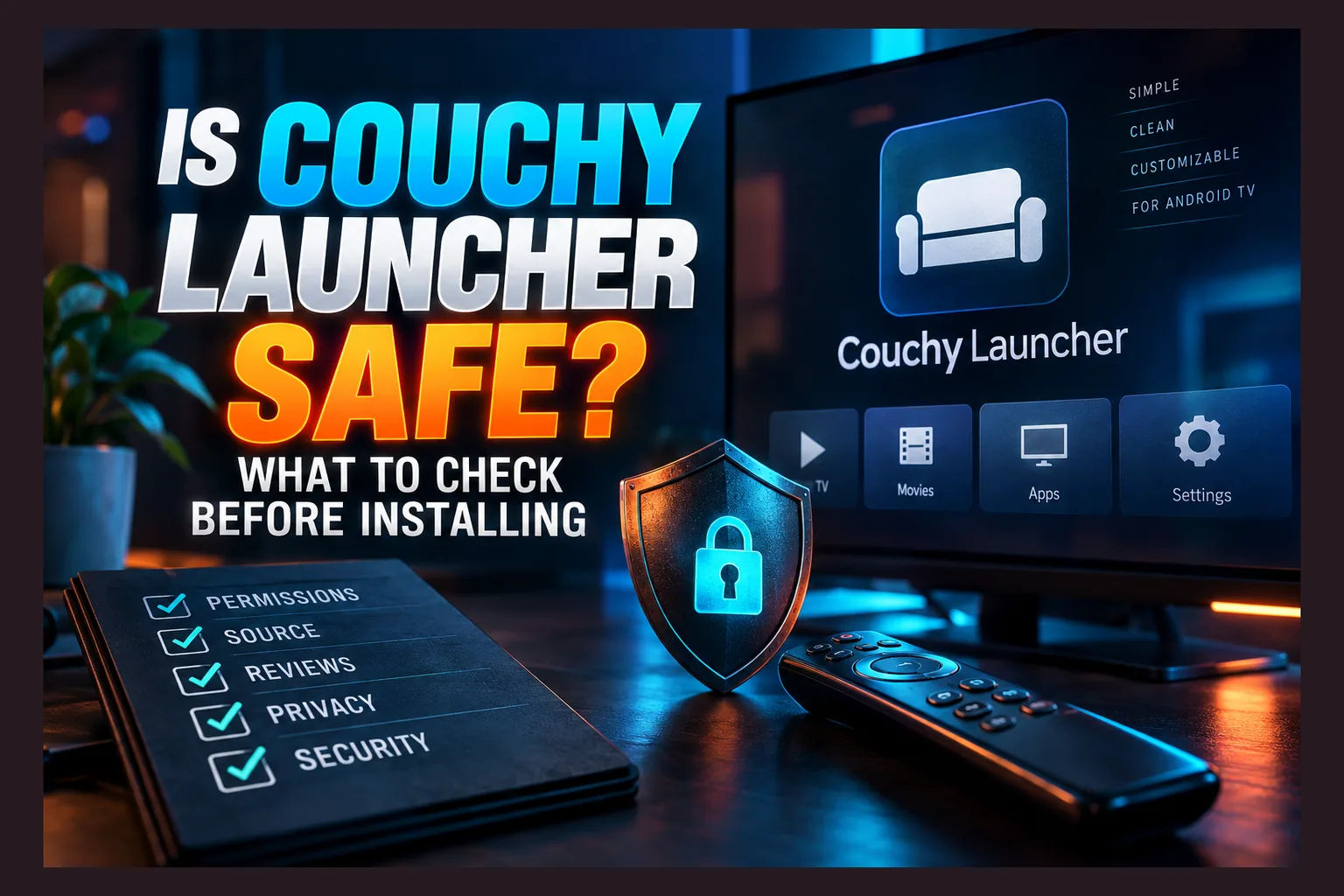 Is Couchy Launcher safe checklist shown on a Fire TV custom launcher home screen