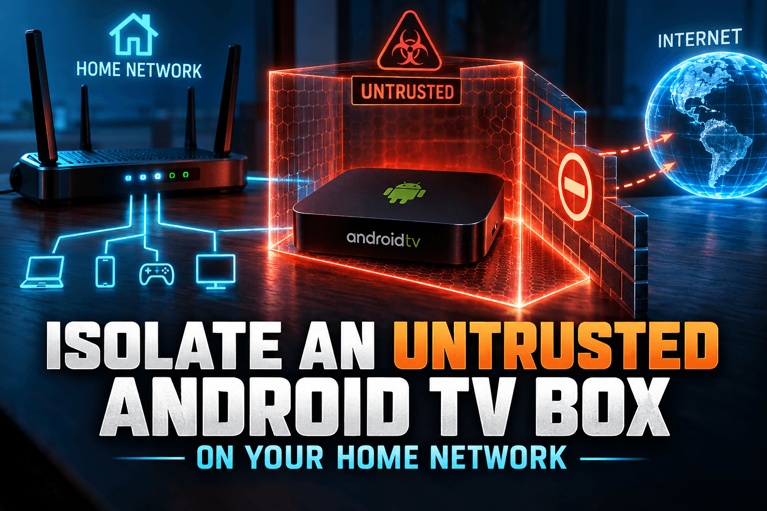 Diagram showing how to isolate Android TV box on home network with guest Wi-Fi and a VLAN