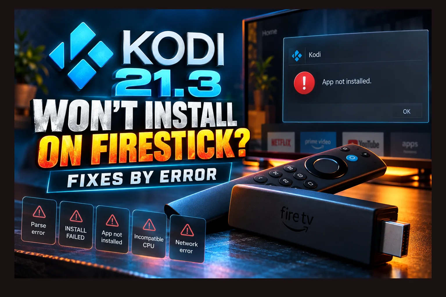 Kodi won't install on Firestick error message shown on a Fire TV screen during Kodi 21.3 setup