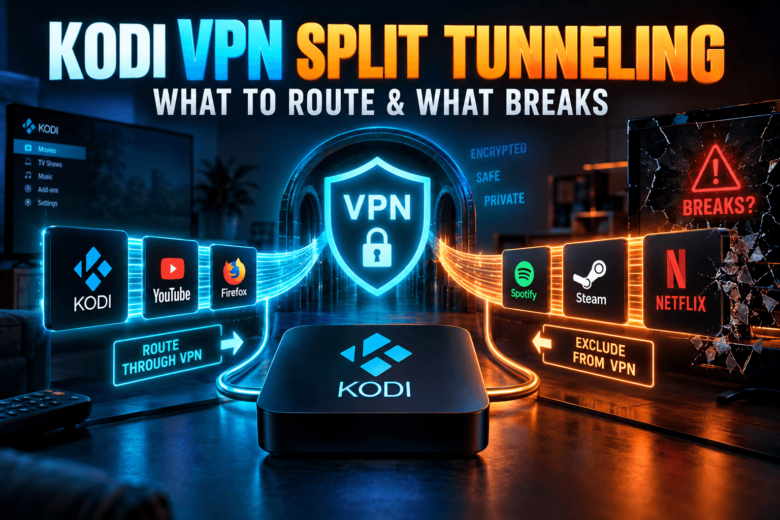Kodi VPN split tunneling settings on a Firestick, routing Kodi through the VPN