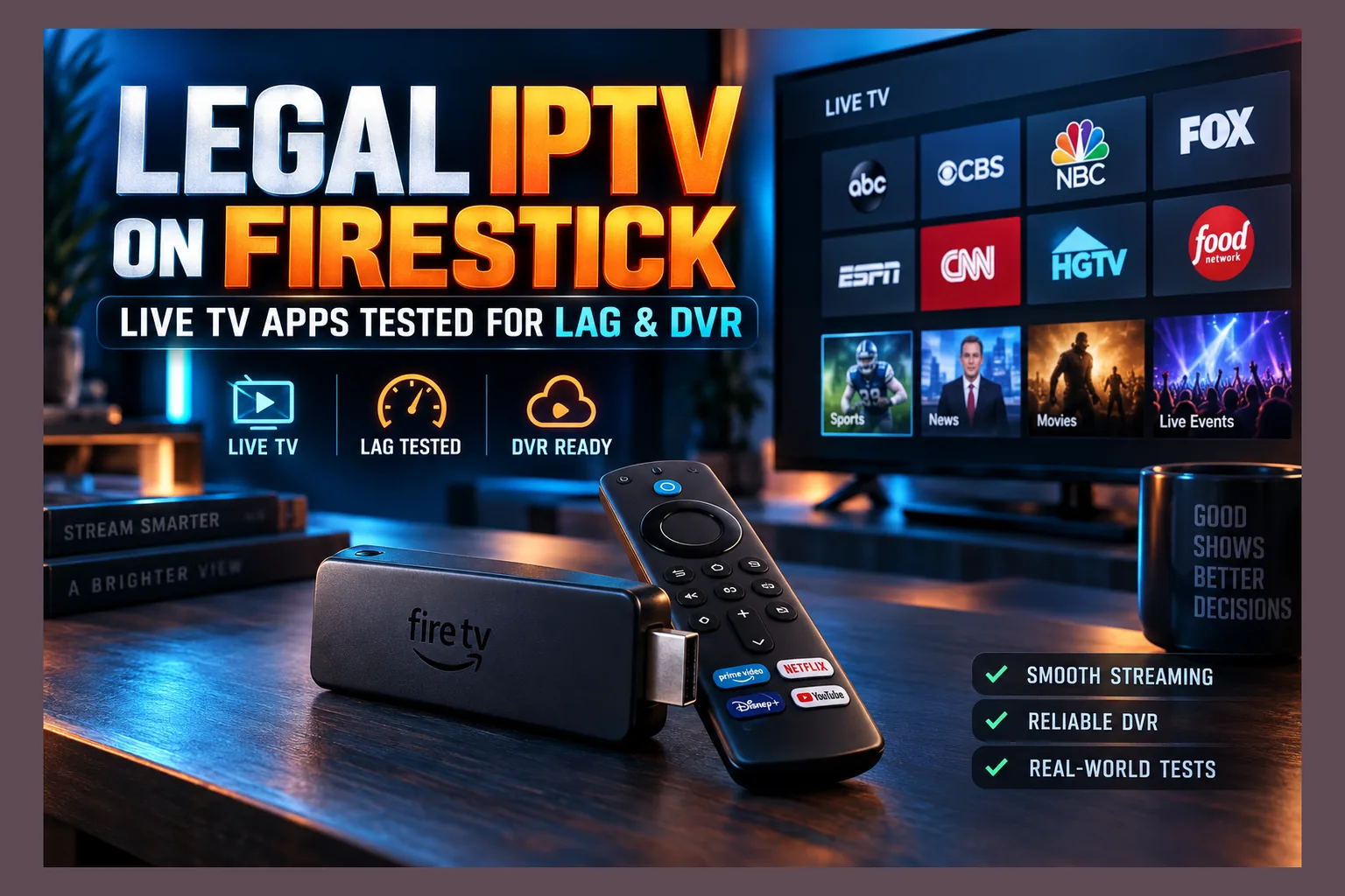 Fire TV Stick 4K Max and live TV guide on screen while testing legal IPTV on Firestick apps