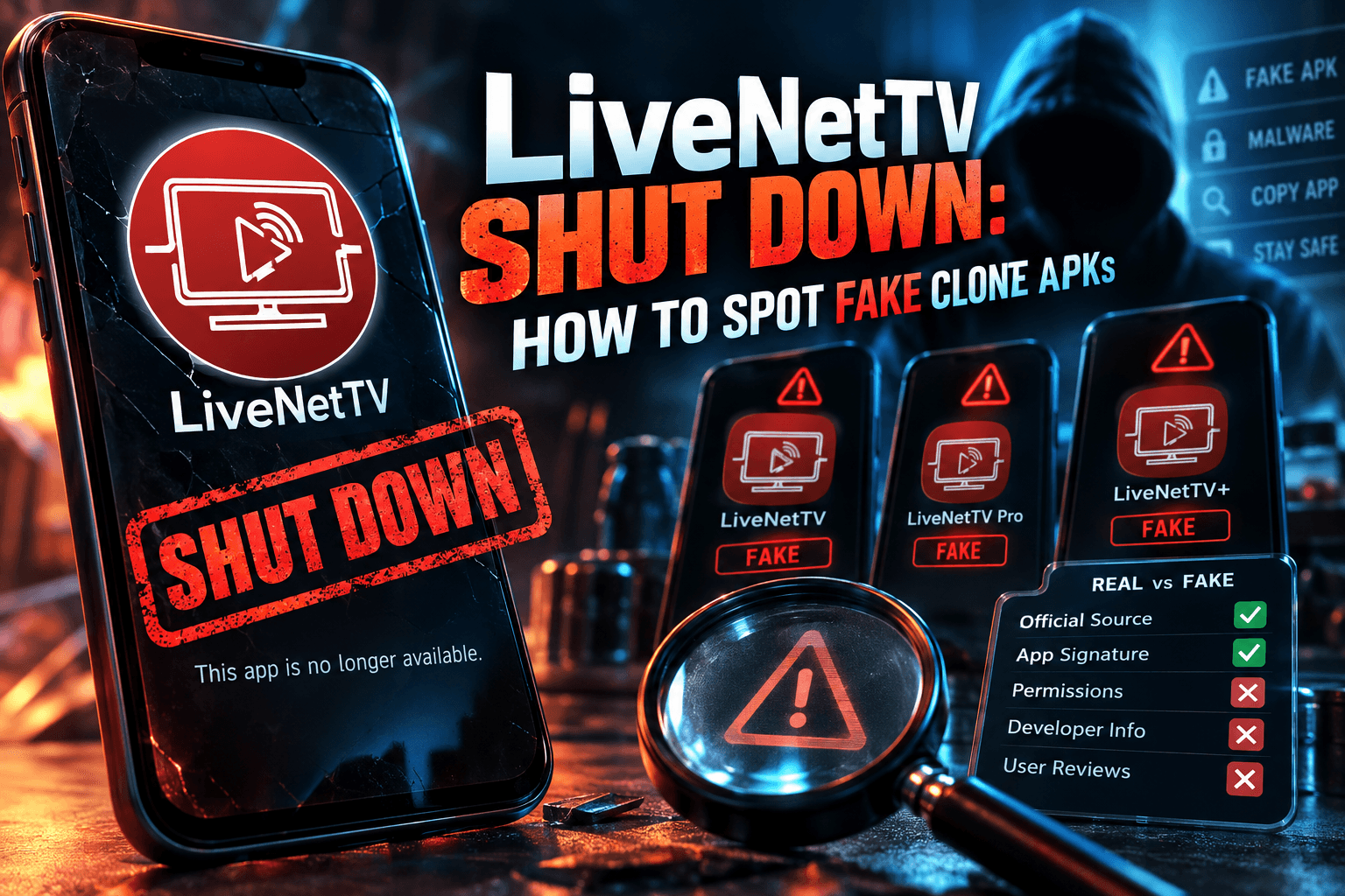 Fake LiveNetTV APK warning shown on a Firestick screen next to a malware alert icon