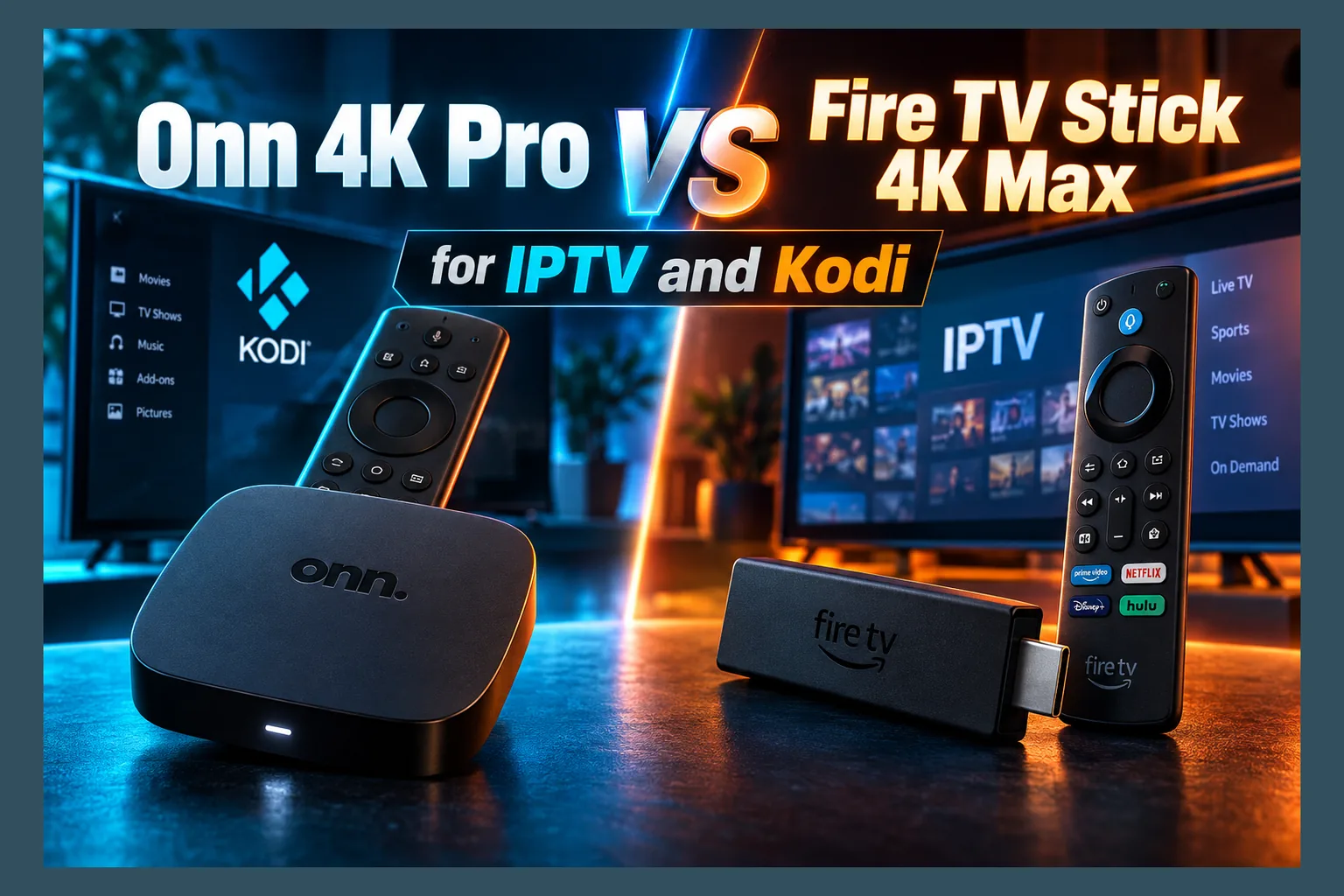 Onn 4K Pro vs Fire TV Stick 4K Max side by side with remotes for IPTV and Kodi