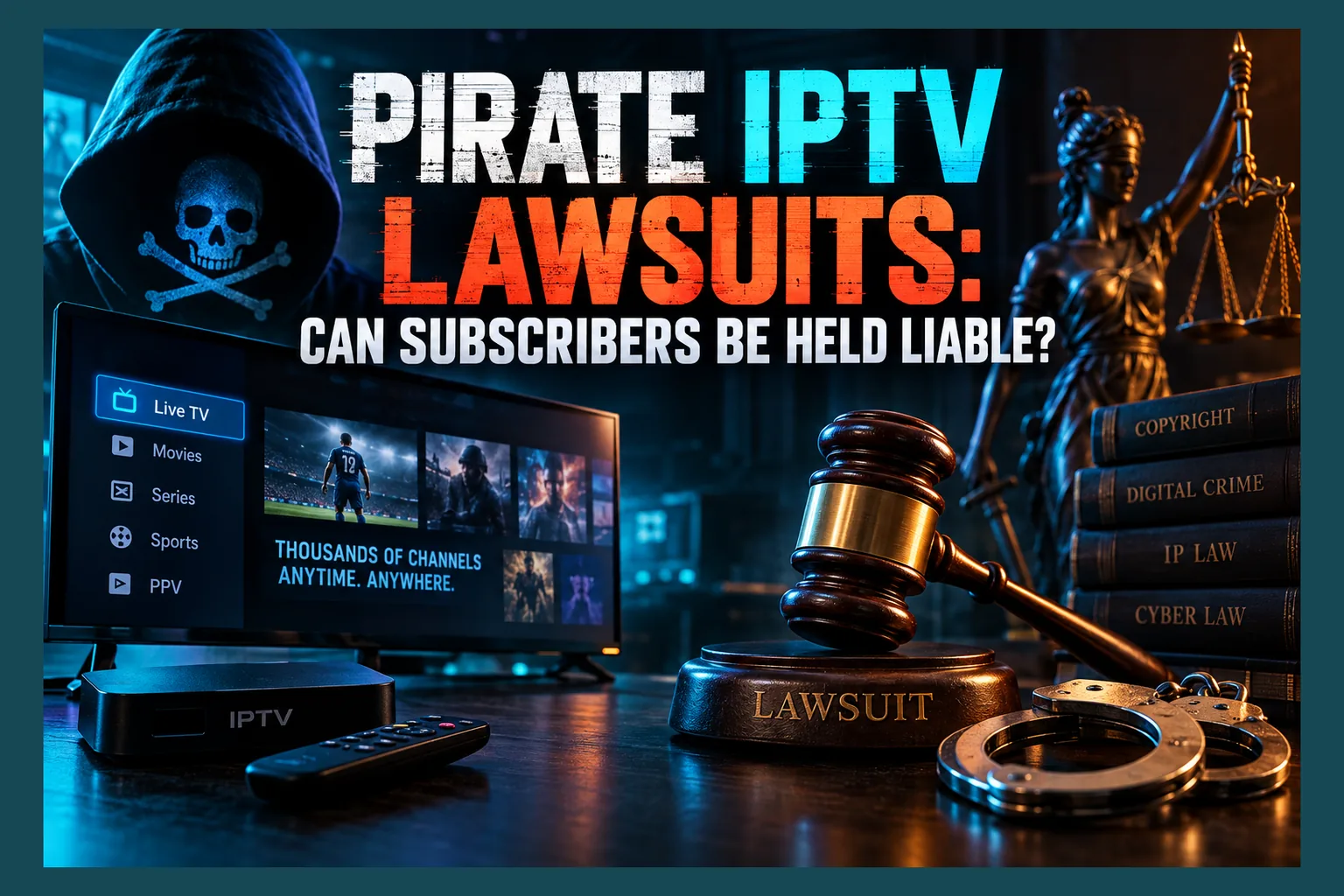Judge's gavel next to a TV remote and streaming box, asking can IPTV subscribers be sued