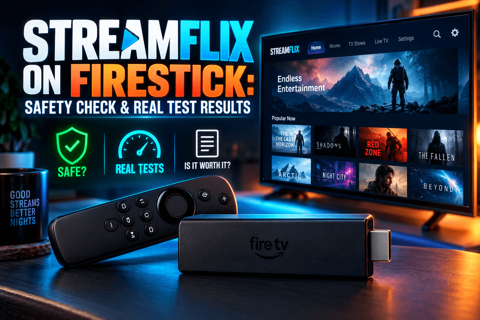 Streamflix Firestick app interface on a TV screen beside a Fire TV Stick remote