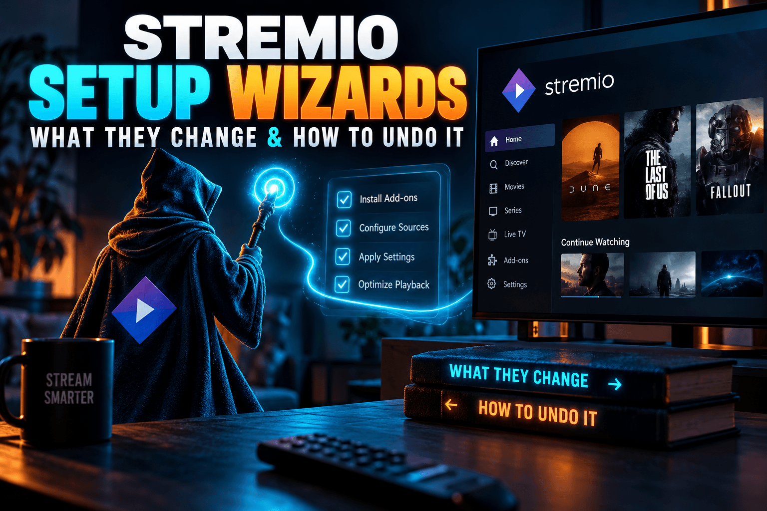Stremio setup wizard adding addons to a Stremio account on a streaming device