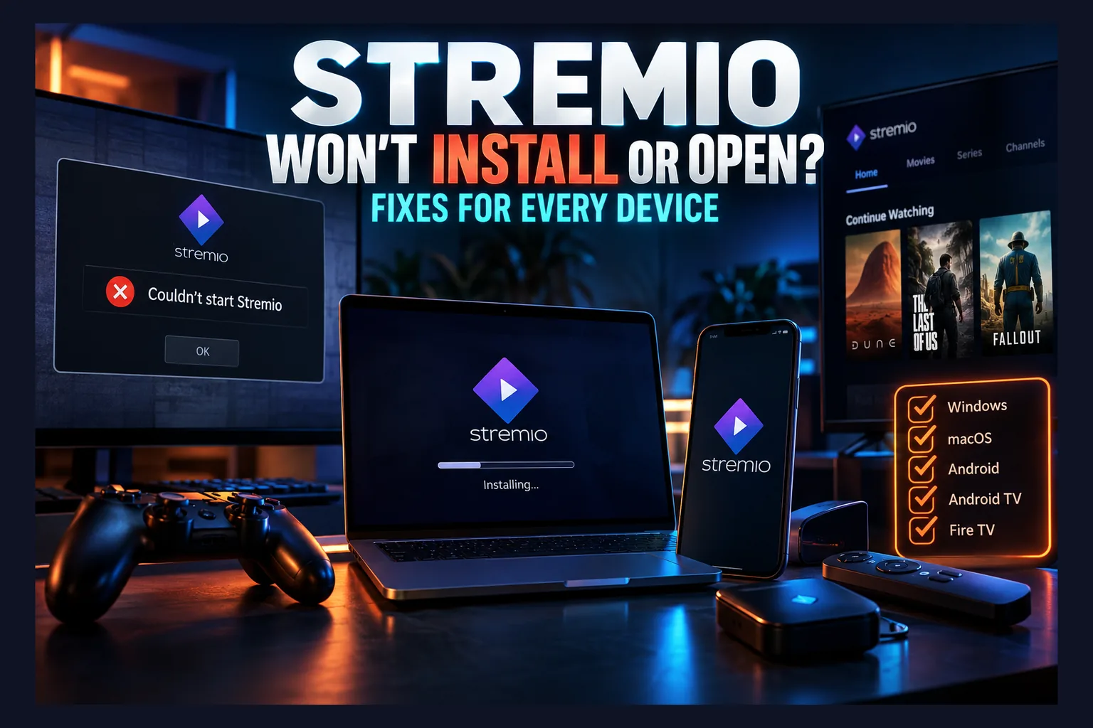 Stremio won't install error on a Firestick screen with troubleshooting steps
