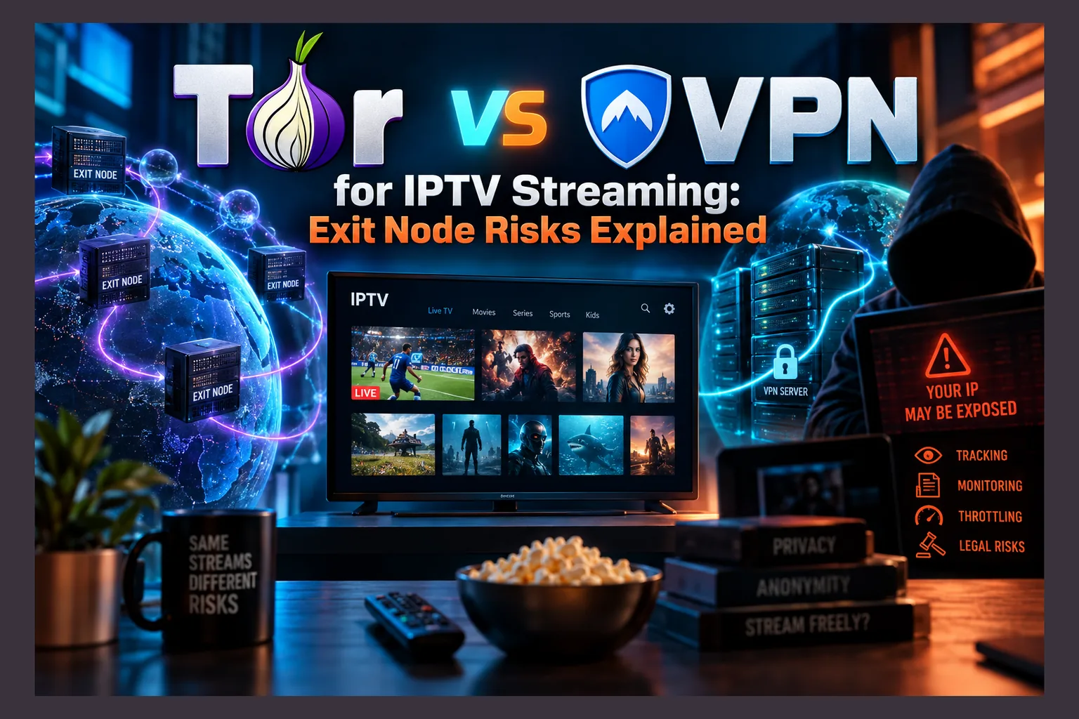 Tor vs VPN for IPTV diagram comparing a Tor relay path and a VPN tunnel to a streaming device