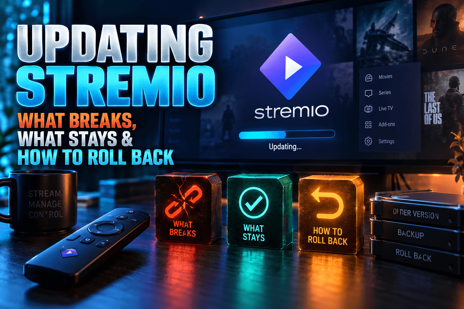 Stremio update screen on a TV box showing how to update Stremio without losing addons
