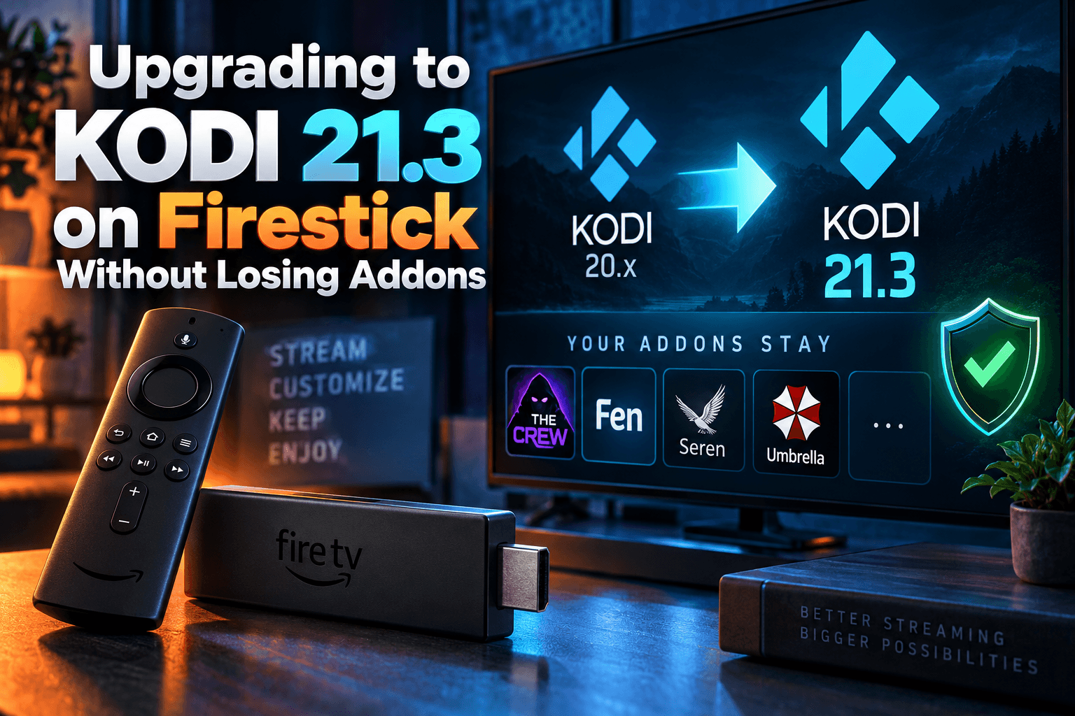 Kodi 21.3 Firestick upgrade in progress on a Fire TV Stick with existing addons intact