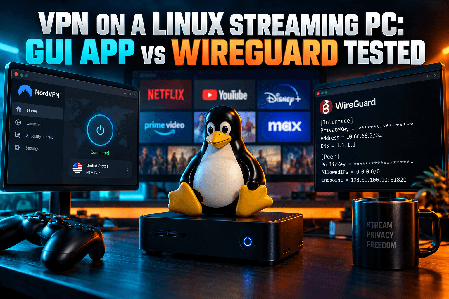VPN on Linux for streaming: mini PC running Kodi beside a Raspberry Pi with LibreELEC
