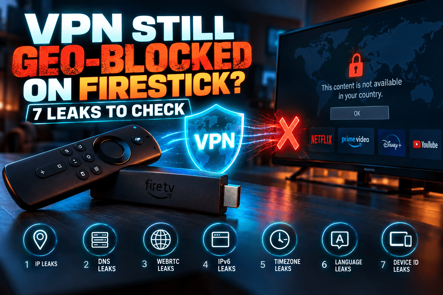 VPN geo-blocked on Firestick: Fire TV showing a region error while the VPN app says connected