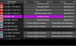 EPG Electronic Program Guide displayed on an IPTV screen showing live TV schedule