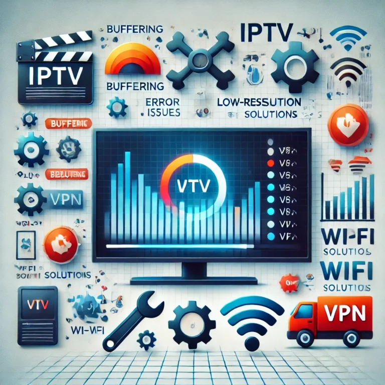 A visually appealing digital illustration representing common IPTV issues and solutions. The image includes a TV screen displaying buffering symbols,