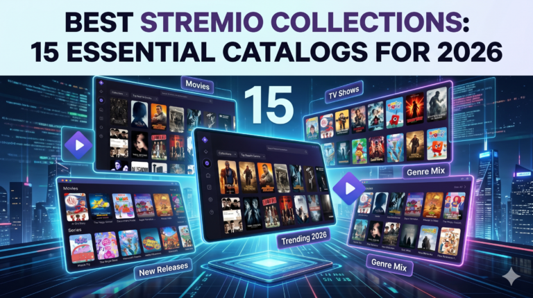 Best Stremio collections hero image showing curated catalog grid on Stremio interface