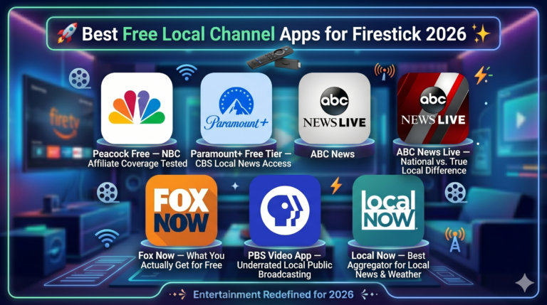 Best free local channel apps for Firestick displayed on a 4K Fire TV home screen
