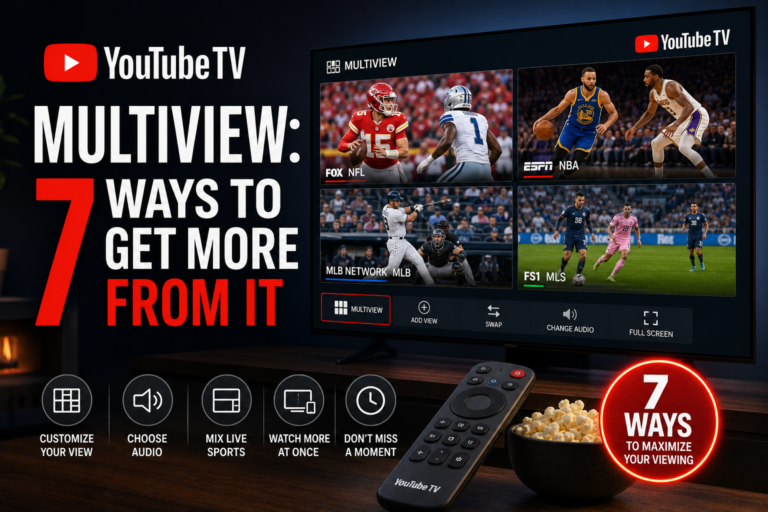 YouTube TV multiview tips — four live streams displayed in a 2x2 grid on a TV screen