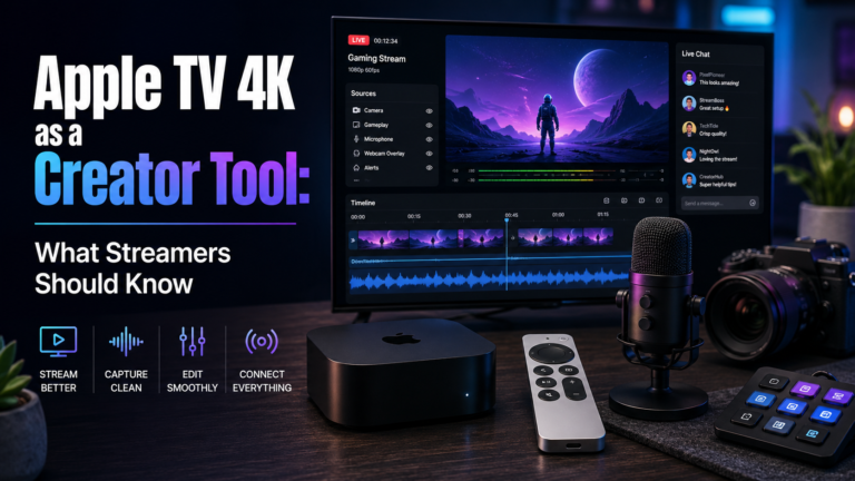 Apple TV 4K streaming features for creators — device on a home theater shelf