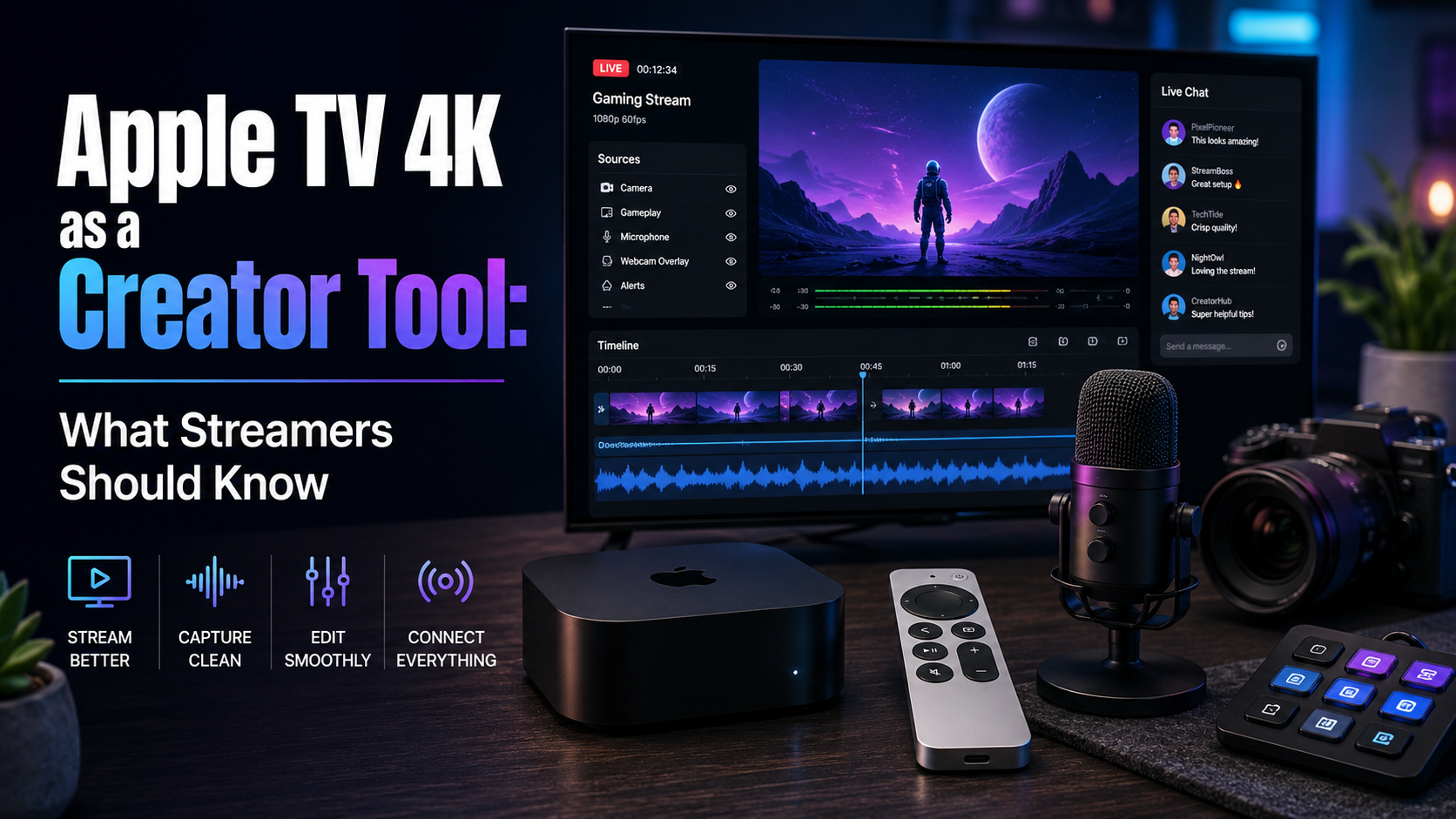 Apple TV 4K streaming features for creators — device on a home theater shelf
