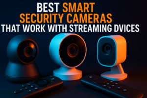Smart security cameras for streaming devices displayed alongside a Firestick and Roku on a TV screen