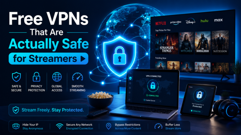 Free VPNs safe for streaming compared — shield icon over a streaming device setup