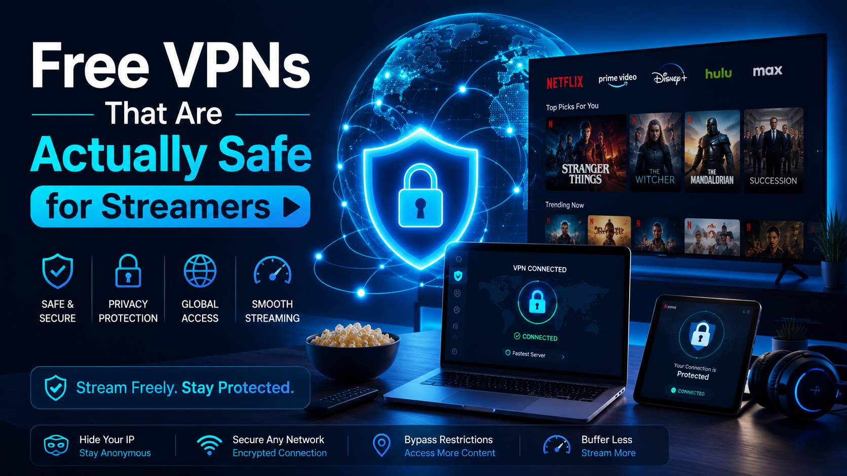Free VPNs safe for streaming compared — shield icon over a streaming device setup