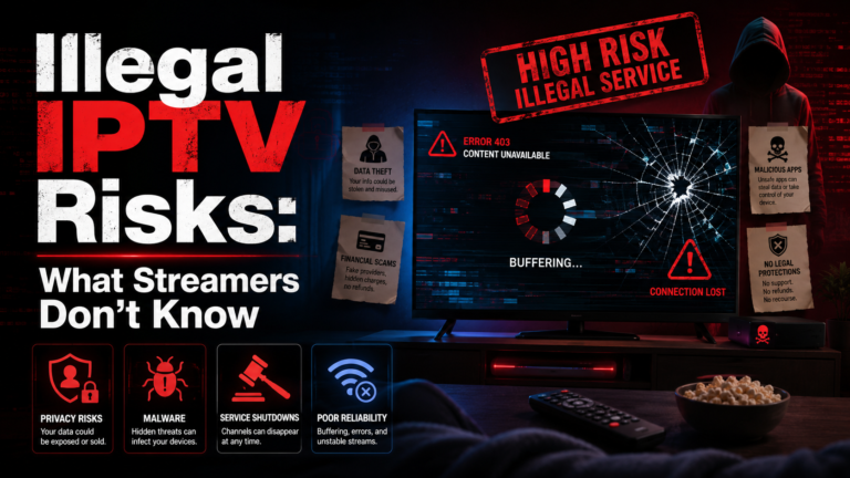 Illegal IPTV risks illustrated — hacker targeting a streaming device