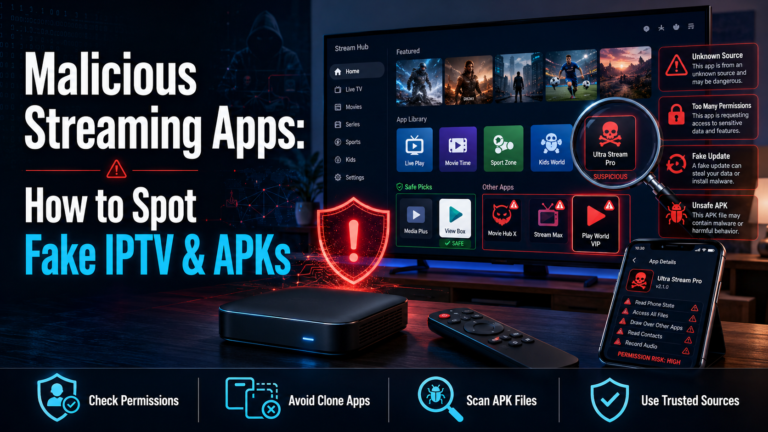 Warning screen highlighting malicious IPTV apps and fake APKs on a streaming device