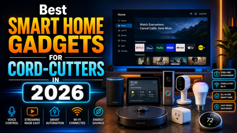 Smart home gadgets for cord-cutters including smart plugs, scene buttons, and bias lighting in a streaming living room s