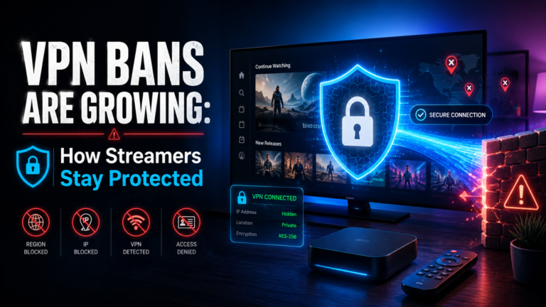 Illustration of VPN bans and streaming workarounds — globe with blocked streaming signals