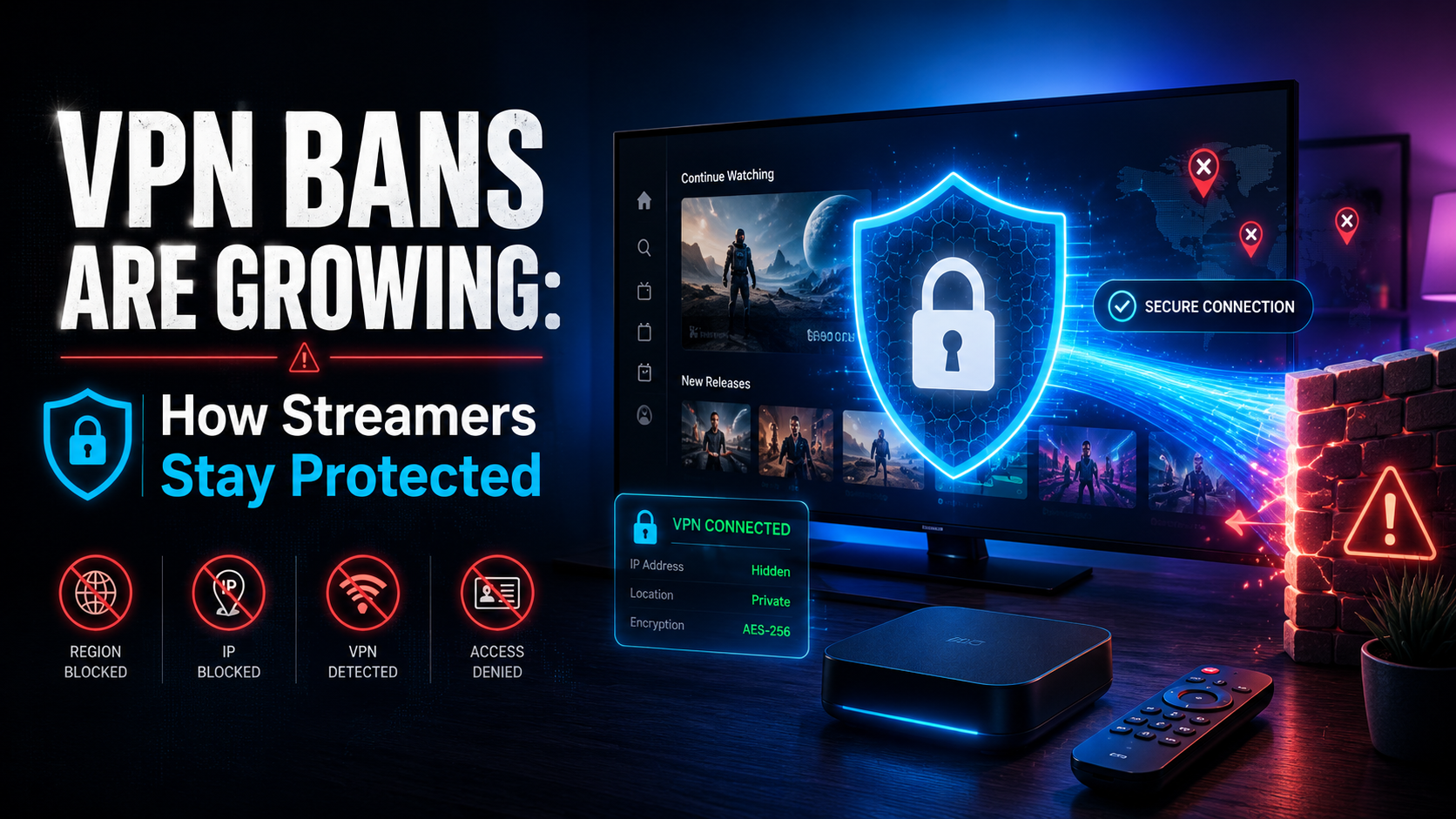 Illustration of VPN bans and streaming workarounds — globe with blocked streaming signals