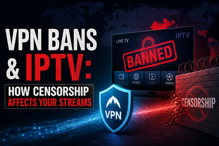 VPN bans impact on IPTV streaming — world map showing censorship and blocked streams